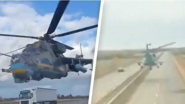 Helikopterët ushtarakë ukrainas fluturojnë poshtë për të…