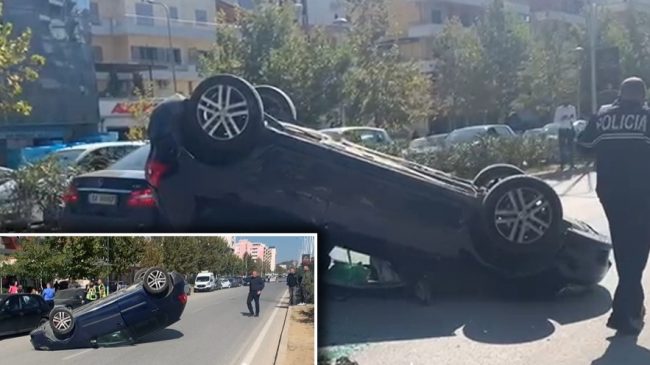 Aksident në Vlorë, makina kthehet përmbys